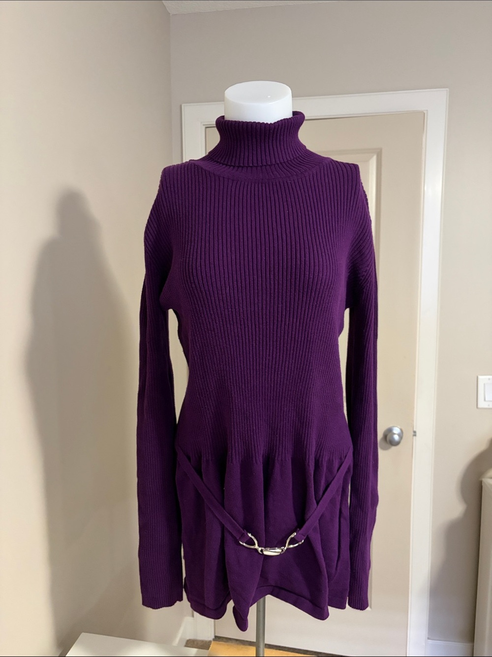 Purple Ribbed Turtleneck Sweater Dress with Silver Waist Accent